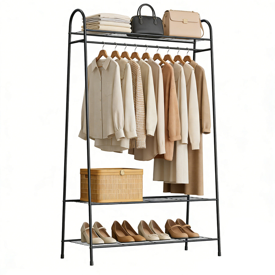 KSSKSS 3-Tier Heavy Duty Metal Clothes Rack with Storage Mesh Shelves – Free-Standing Garment Rack, Holds Clothes, Strong Load-Bearing, Easy Assembly for Entryway, Bedroom, and Balcony